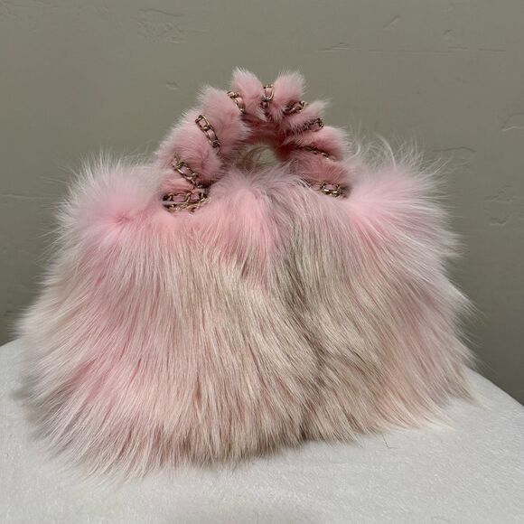 Stunning Pink Gradient Genuine Fox Fur Handmade Top Handle Satchel Bag/Crossbody - Picture 10 of 17